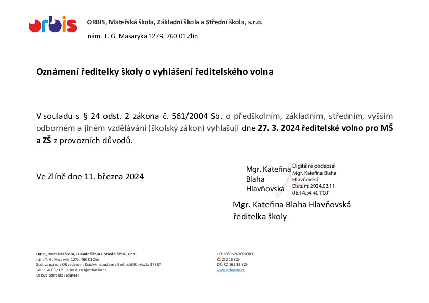 ŘEDITELSKÉ VOLNO PRO MŠ A ZŠ DNE 27. 3. 2024 1 Reditelske volno 27.3. 2024