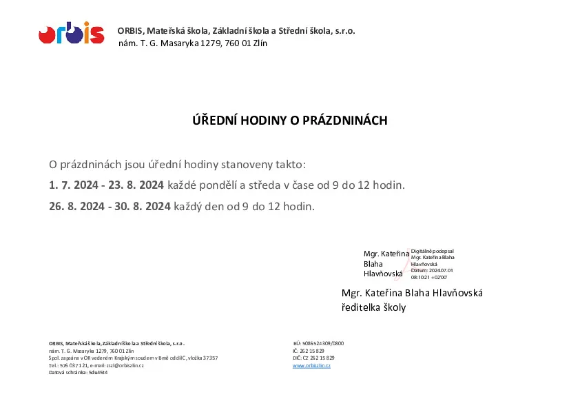uredni hodiny prazdniny