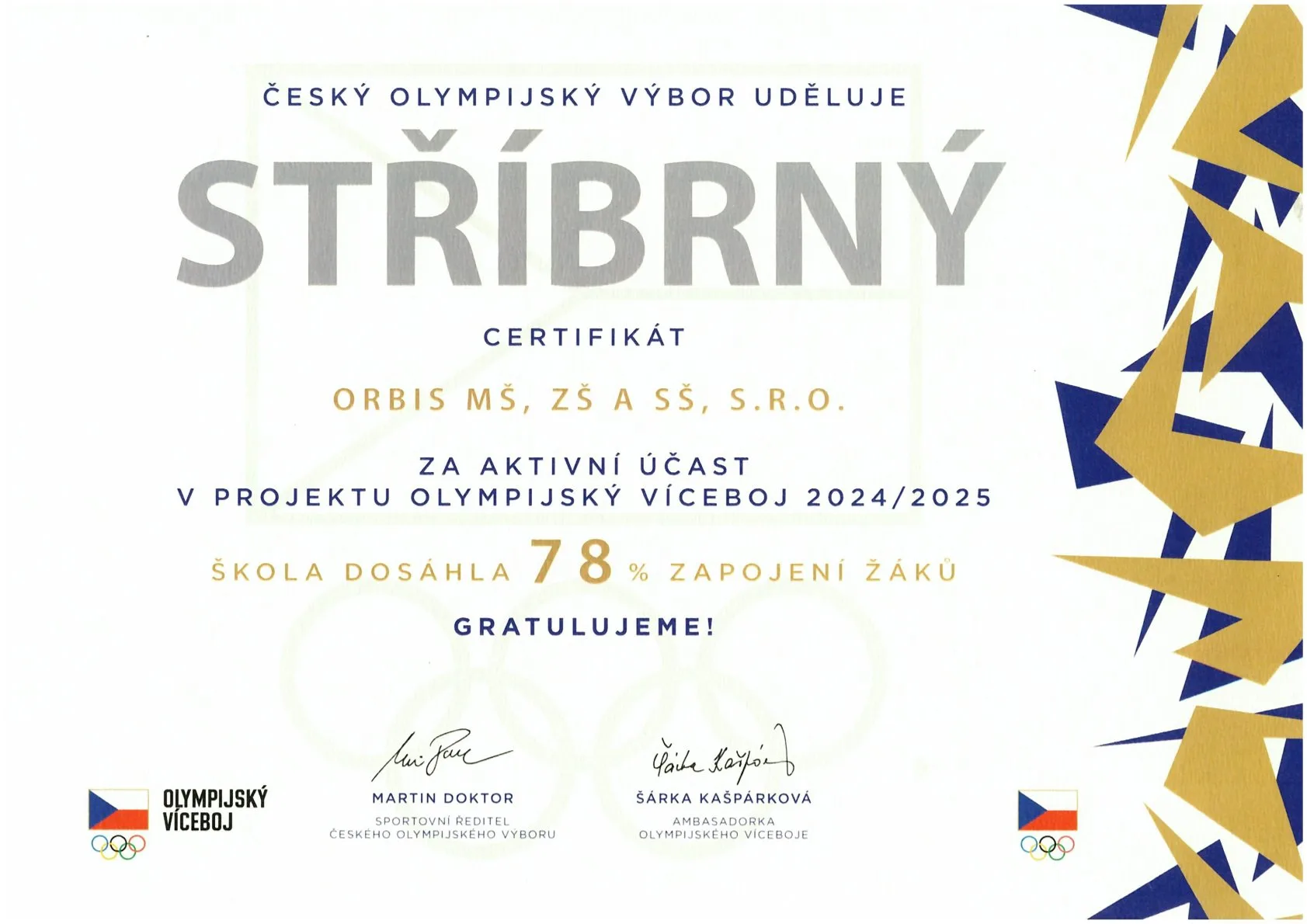 Olympijský víceboj: Stříbrný certifikát pro naši školu 1 scan